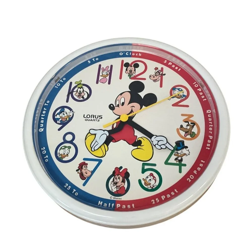 Vtg Walt Disney Mickey Mouse Wall Clock Lorus Quartz Moving Arms Works Orig Box